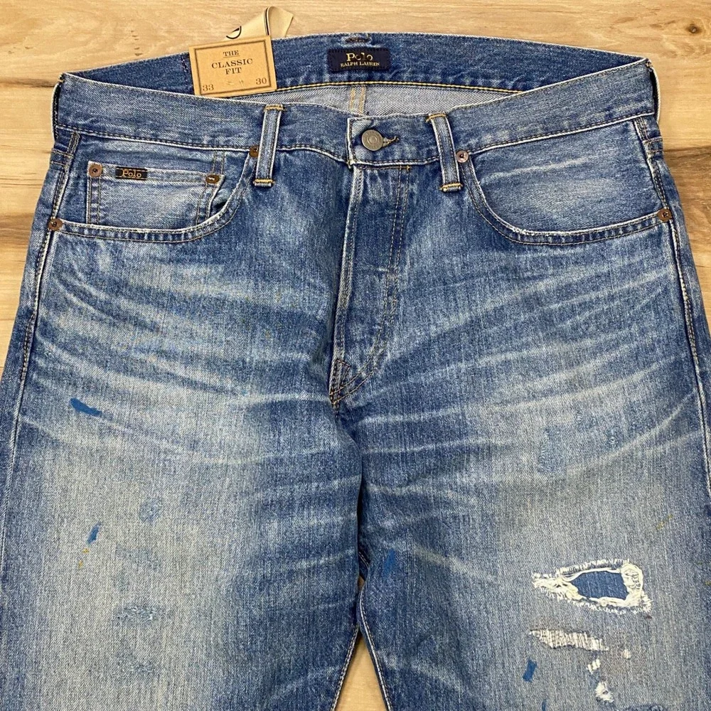 Polo Ralph Lauren Jeans 33x30 Classic Fit Distressed Cotton Denim Blue Straight